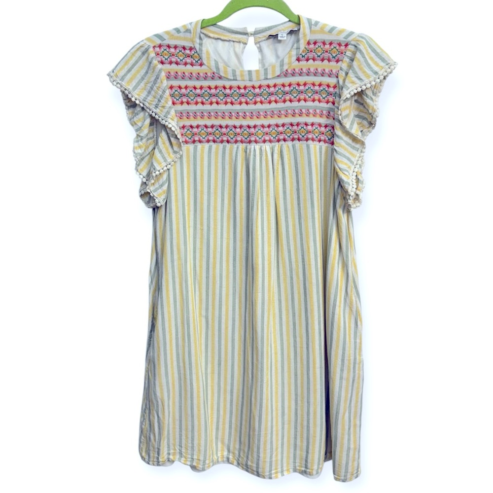 L Love Green and Cream Ruffled Sundress with Flutter‎ Sleeves L